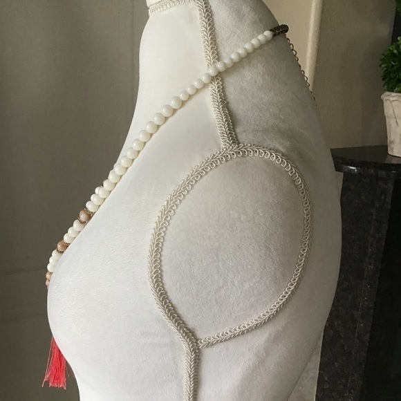 Tassel Necklace Coral Ivory Pink Faceted Beads Long Boho Adjustable Goldtone - Picture 7 of 12